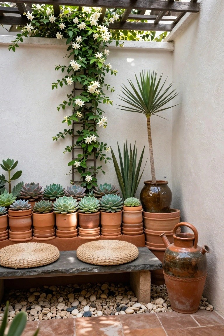 Compact outdoor courtyard with white stucco walls, wooden trellis draped in white jasmine vines, row of terracotta pots containing succulents along a low stone bench topped with round woven cushions, potted fan palm and agaves, and large glazed jars nearby.