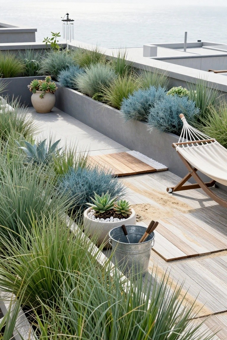 Rooftop terrace with raised concrete planters containing succulents, agaves, blue fescue grasses, and other drought-tolerant plants, wooden decking platforms, a white hammock, metal bucket, and ocean view in the background.