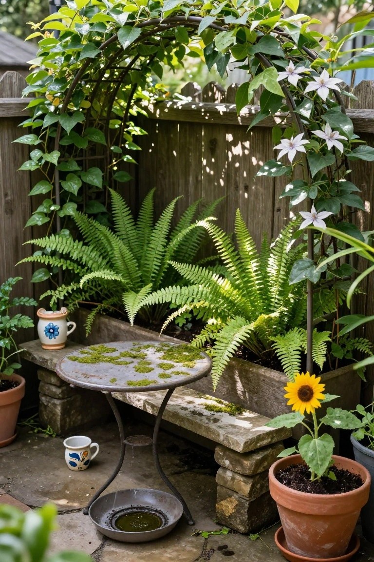 A moss-covered metal table on a low stone bench surrounded by potted ferns, a sunflower in a wooden planter box, climbing vines and white flowers on a metal arch against a wooden fence in a small garden patio.