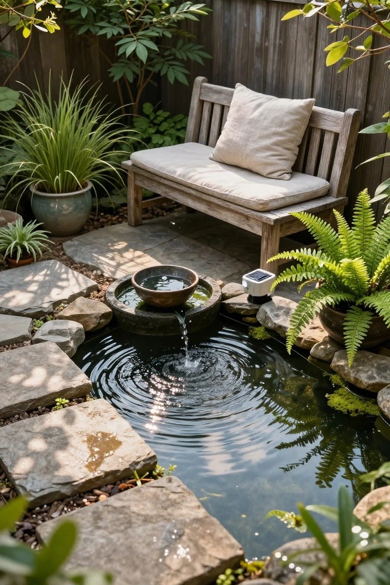 Small backyard garden featuring a wooden bench with cushions, assorted potted plants including ferns and grasses, stone stepping paths, and a central pond with a bronze bowl fountain and solar pump.