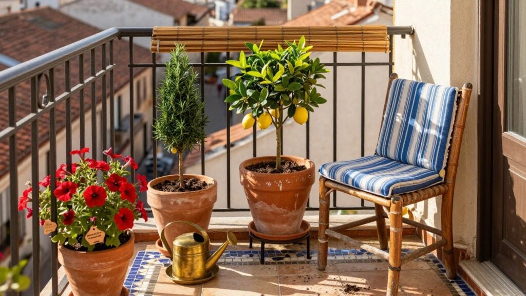 19 Clever Container Gardening For Beginners Ideas for Compact Spaces Porch corner with terracotta pots containing rosemary bush, citrus tree, and other plants on metal stands and shelves, next to a wicker chair with blue cushions, brass watering cans, and bamboo blinds on a white wall above a tiled floor.
