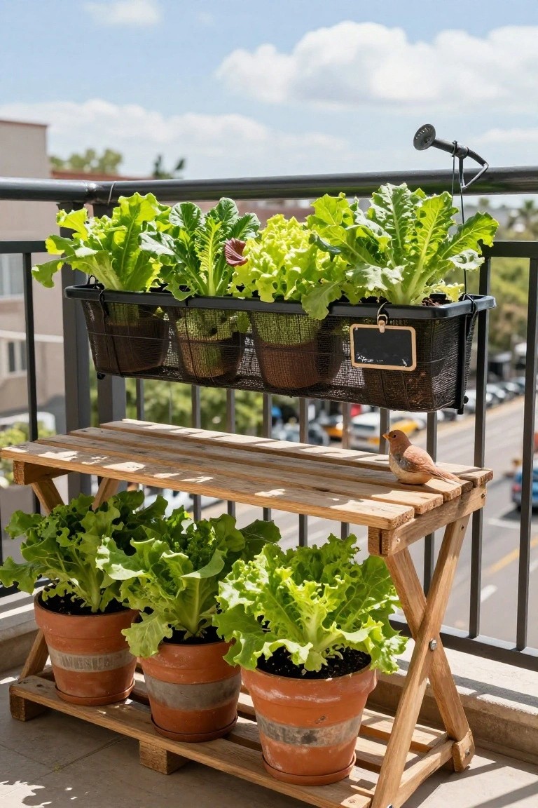 Balcony railing holding a black mesh hanging basket planter with multiple small pots of green lettuce plants, and a wooden tiered shelf below with terracotta pots of more lettuce plants plus a small bird figurine, overlooking an urban street.
