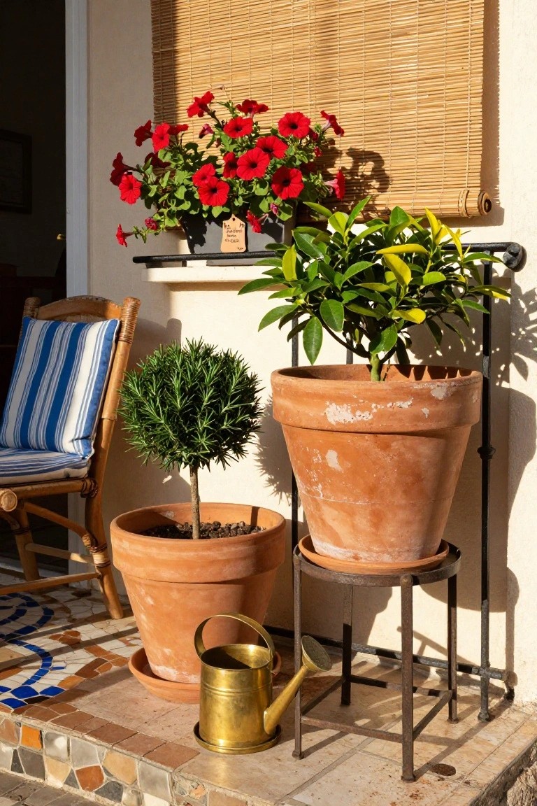 Porch corner with terracotta pots containing rosemary bush, citrus tree, and other plants on metal stands and shelves, next to a wicker chair with blue cushions, brass watering cans, and bamboo blinds on a white wall above a tiled floor.