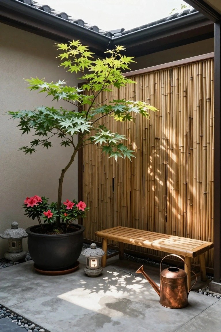 Japanese-style outdoor courtyard with a potted Japanese maple tree against a bamboo fence, potted azaleas, stone lanterns, a bamboo bench, copper watering can, and gravel floor under a tiled roof.
