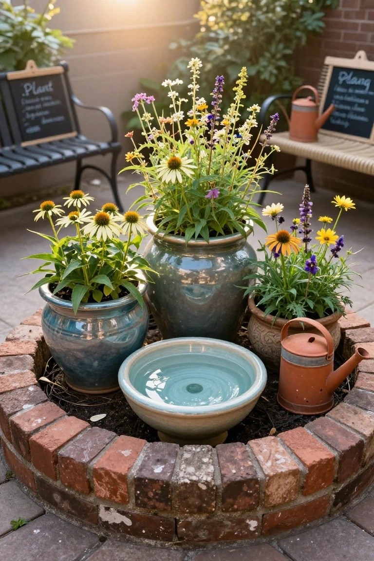 Cluster of colorful ceramic pots with flowers like coneflowers, black-eyed Susans, and salvia arranged inside a low circular raised brick bed containing a central blue ceramic bowl with water, flanked by orange watering cans, with garden benches and plant signs in the background.