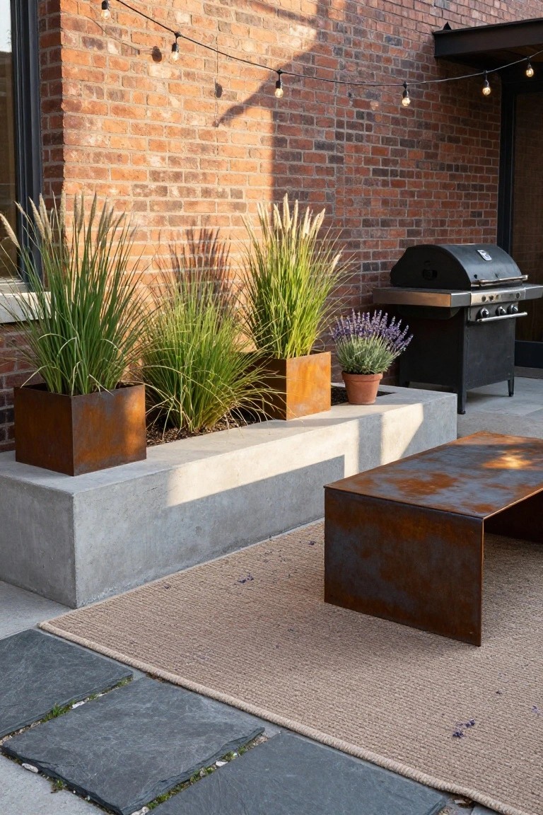 Raised concrete bench with corten steel planters containing tall grasses and a terracotta pot of lavender next to a black barbecue grill, a rusted metal table, beige outdoor rug, dark slate pavers, and brick wall with string lights on a sunny patio.