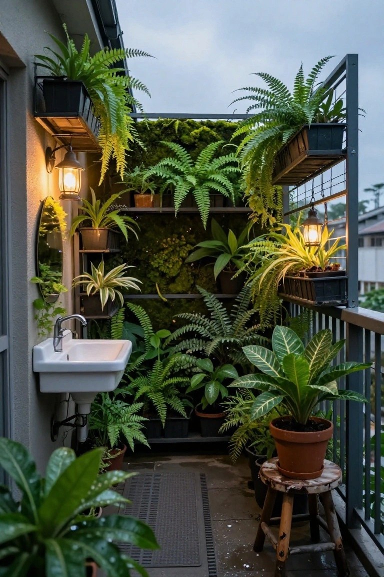 A compact balcony washing area with white sink, mirror, and drainboard surrounded by dense potted ferns, green wall, hanging planters on railings, and lanterns under an overcast sky.