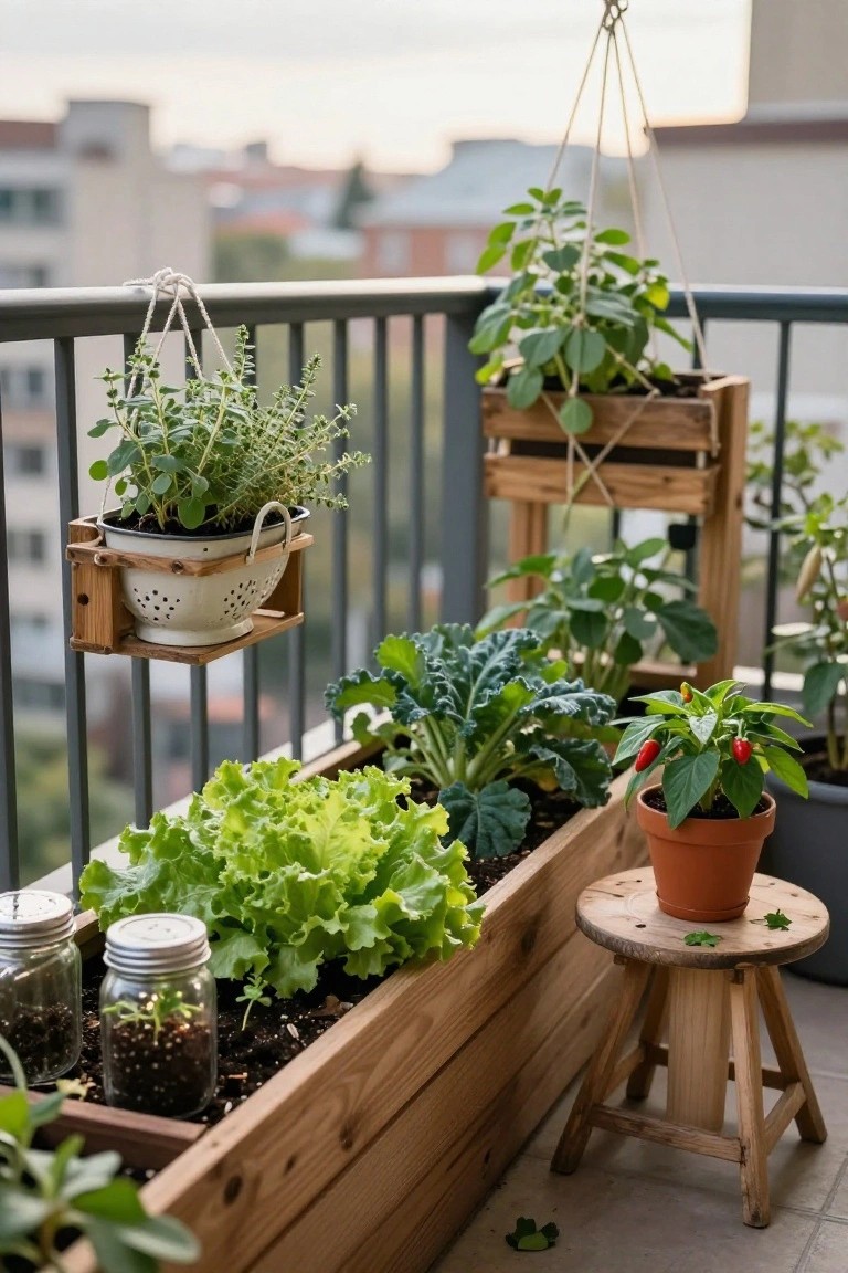 Balcony railing with hanging planters holding herbs and peppers, wooden raised box containing lettuce and kale, terracotta pot on wooden stool, and mason jars with seedlings in soil.