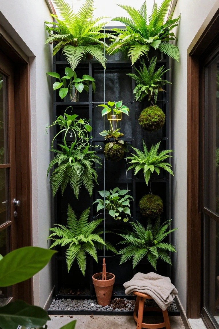 Narrow indoor atrium-like space with wooden doors on both sides, featuring a tall black metal grid wall densely planted with ferns, moss balls, trailing vines, and potted plants, plus a terracotta pot, stool, and towel at the base on a pebbled floor.