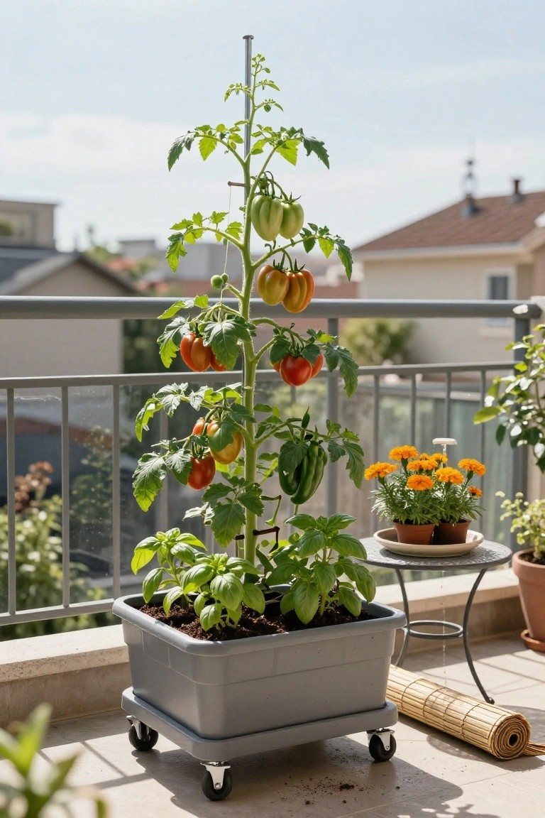 Tall tomato plant staked vertically in a large gray wheeled planter box on a sunny balcony, with basil growing beside it, peppers on the vine, and potted marigolds and other plants nearby.