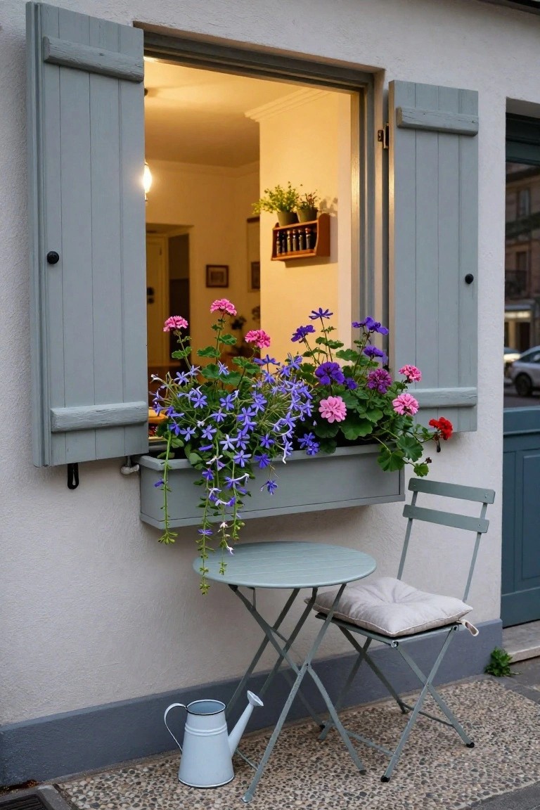 Open gray shutters on a white stucco house wall frame a window with an overflowing window box of purple, blue, and pink flowers, a small green metal bistro table and chair below, and a white metal watering can on gray pebble ground next to a blue door.