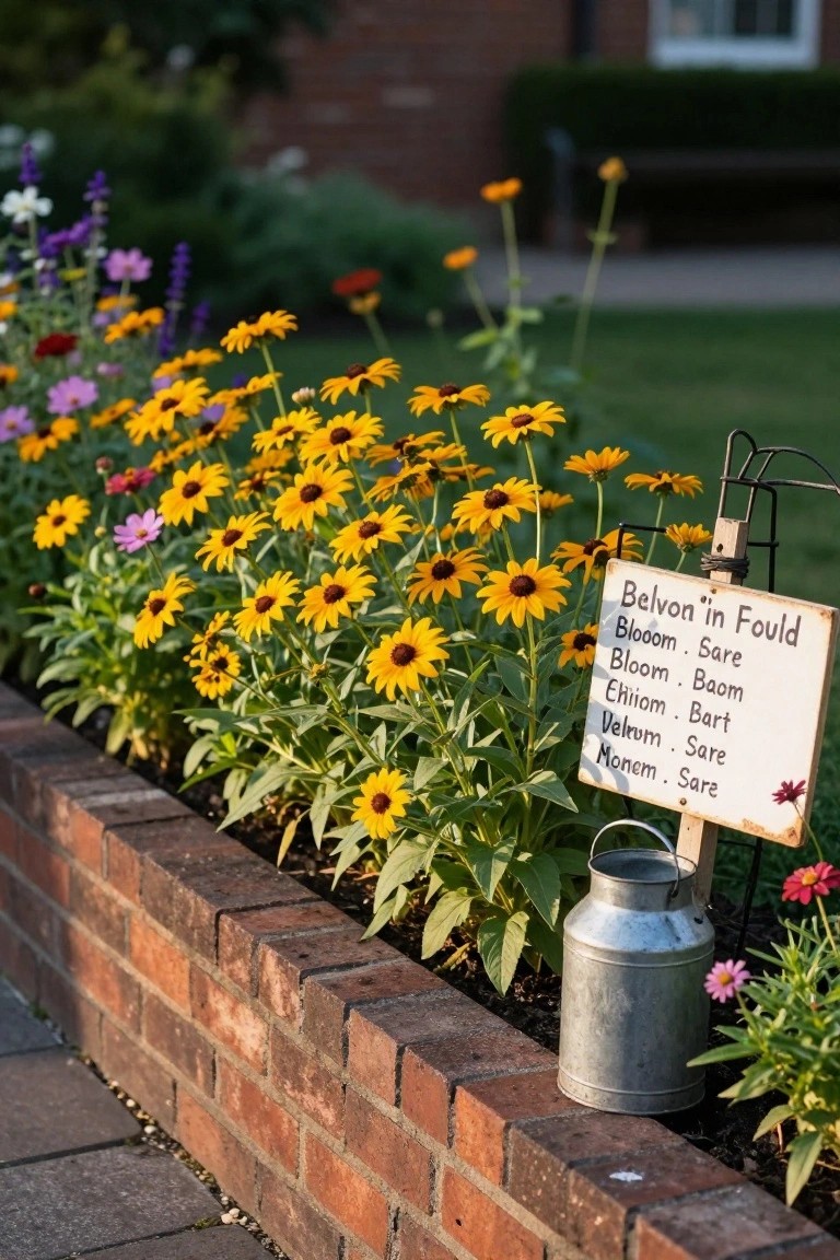 Raised flower bed bordered by red brick wall filled with yellow black-eyed Susan flowers and other colorful perennials, wooden sign listing plant names, metal milk can, and small plants nearby on paved path.
