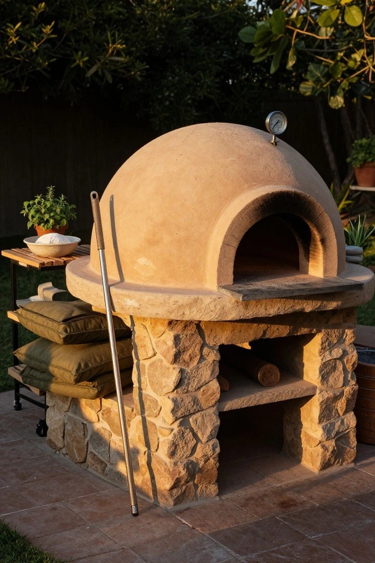 A beige dome-shaped clay pizza oven on a stone pedestal base in a backyard patio surrounded by plants, with a metal peel leaning against it, a bowl of flour nearby, stacked cushions, and firewood below.