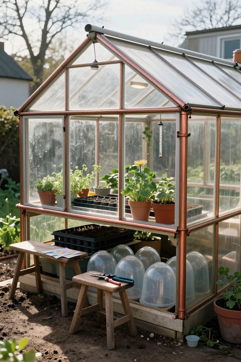 Copper-framed glass greenhouse in a backyard with potted plants, seedling trays, cloches, wooden stools, and garden tools on benches.