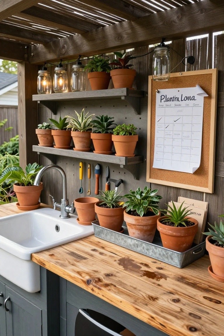 Wooden outdoor potting bench with white farmhouse sink, terracotta pots of succulents and plants on shelves, metal tray of pots on countertop, mason jar lights overhead, and corkboard calendar on wall.