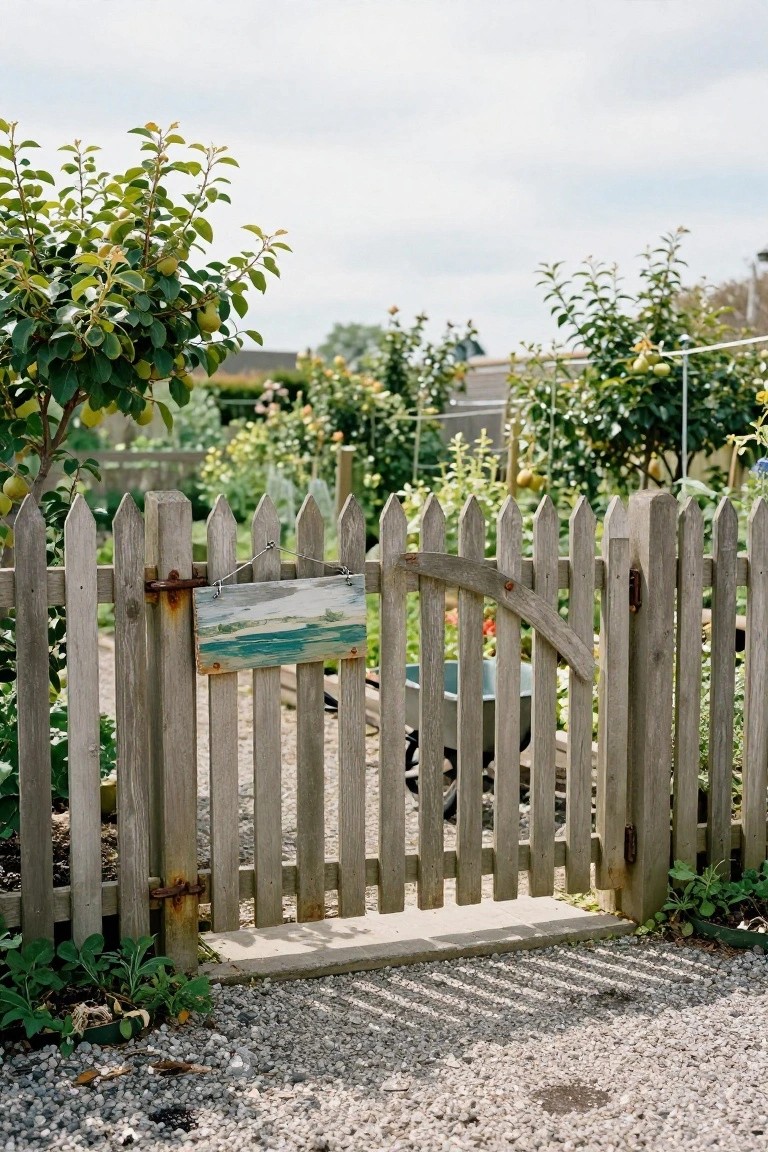 Weathered wooden picket fence gate with a hanging blue and white painted sign, opening to a gravel path amid vegetable beds, fruit trees, and garden plants.