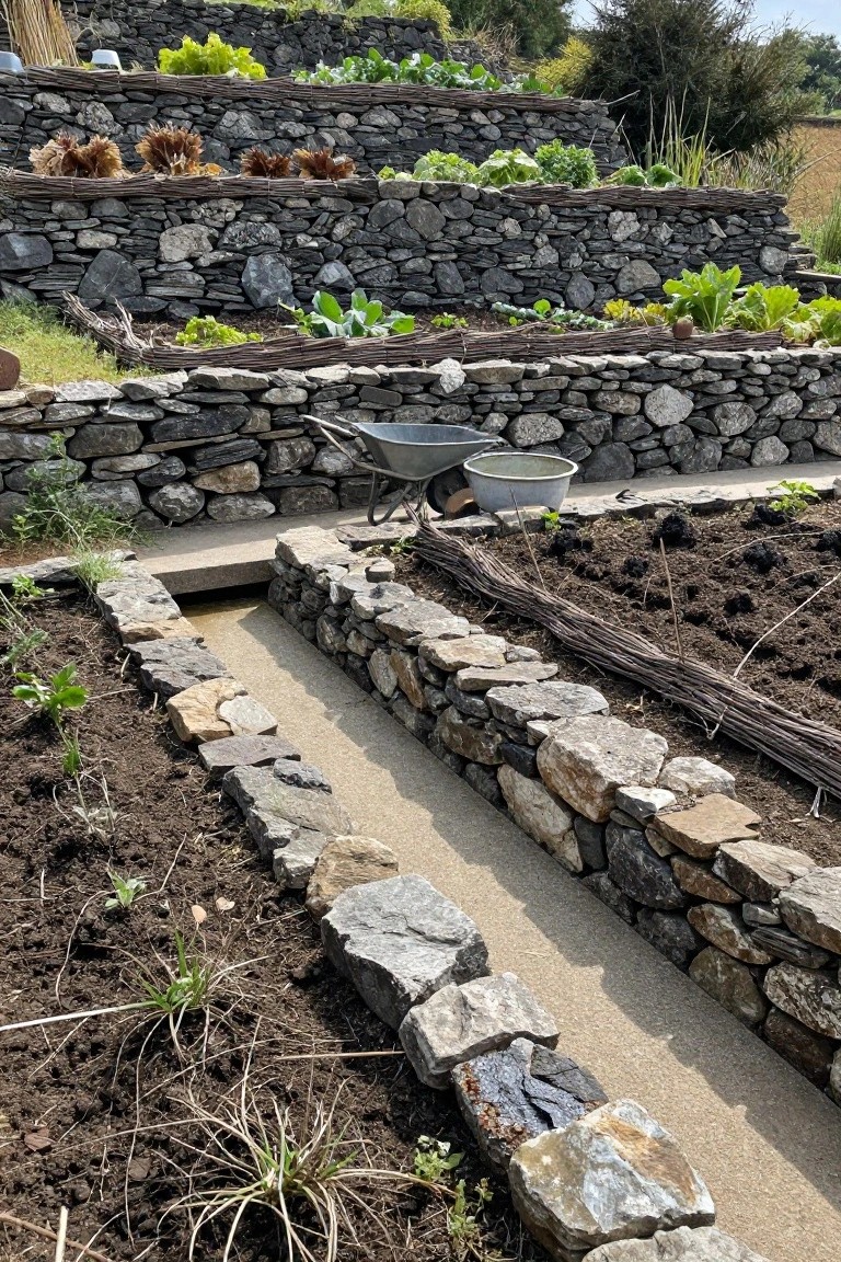 Terraced raised garden beds constructed from dry-stacked dark stone walls on a grassy hillside, planted with vegetables like lettuce and beans, wheelbarrows nearby, and a concrete-lined path running through the center.