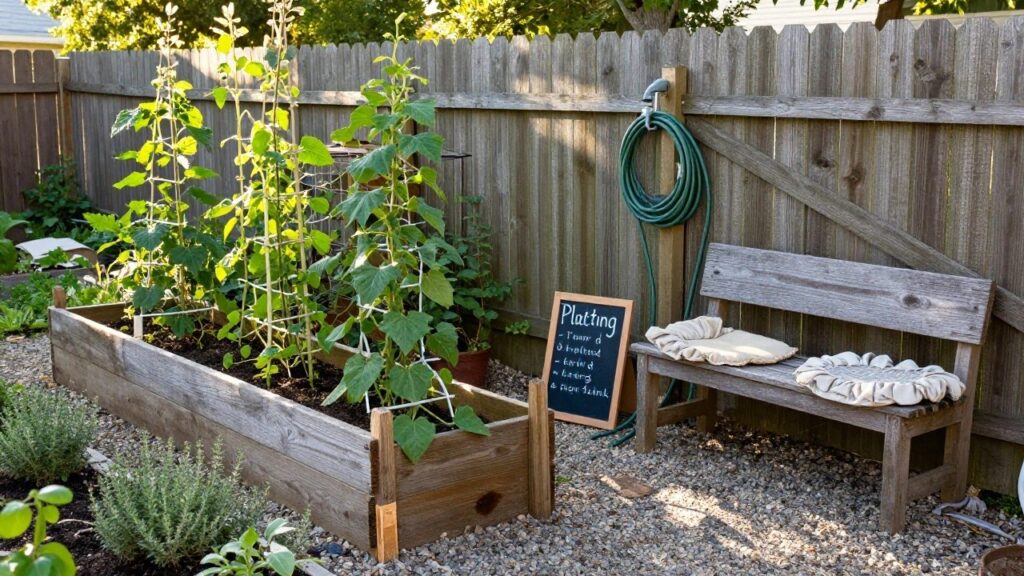 Wooden raised garden beds with tomato plants supported by stakes, a chalkboard sign with planting notes, a hose and ladder nearby, wooden bench on gravel path, backyard fence, and herb planters.