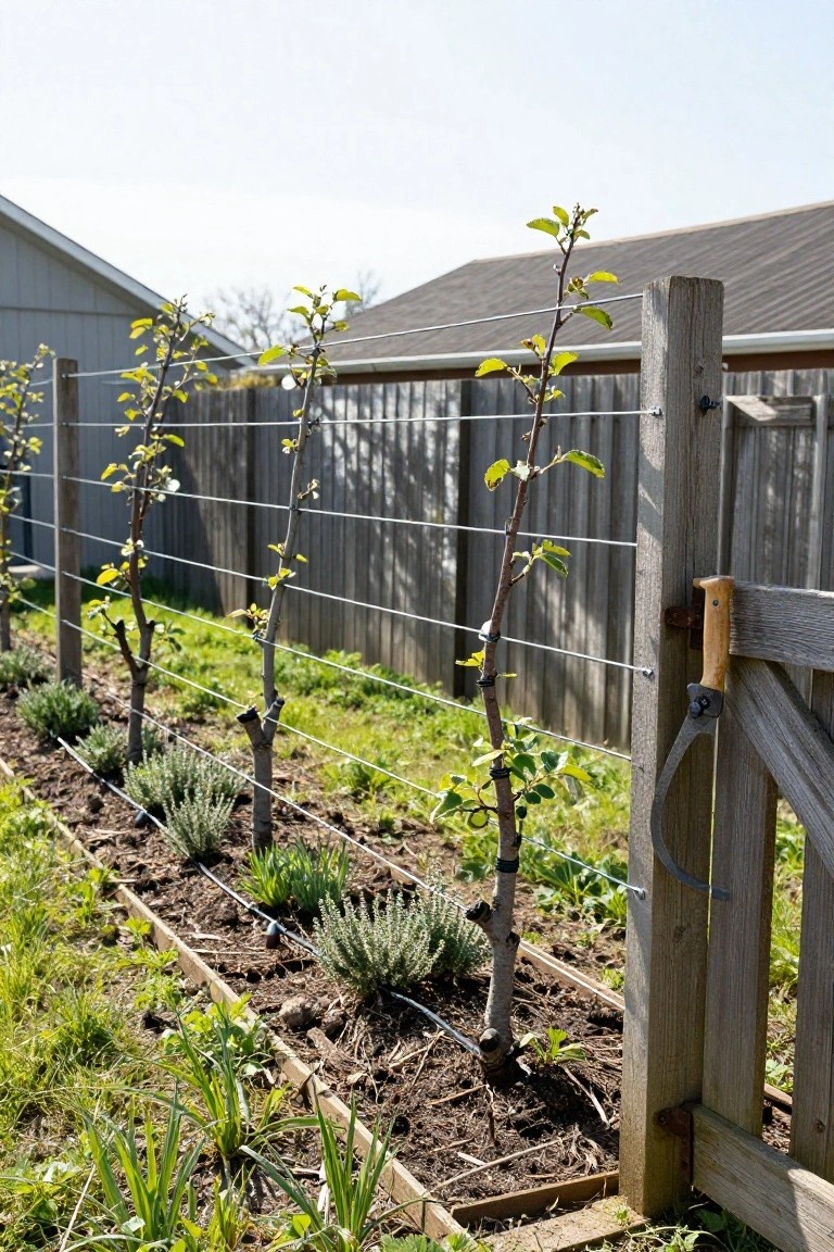 Young apple trees tied to wires on a fence in raised garden beds lined with lavender, next to a wooden gate with pruning shears hanging on it.