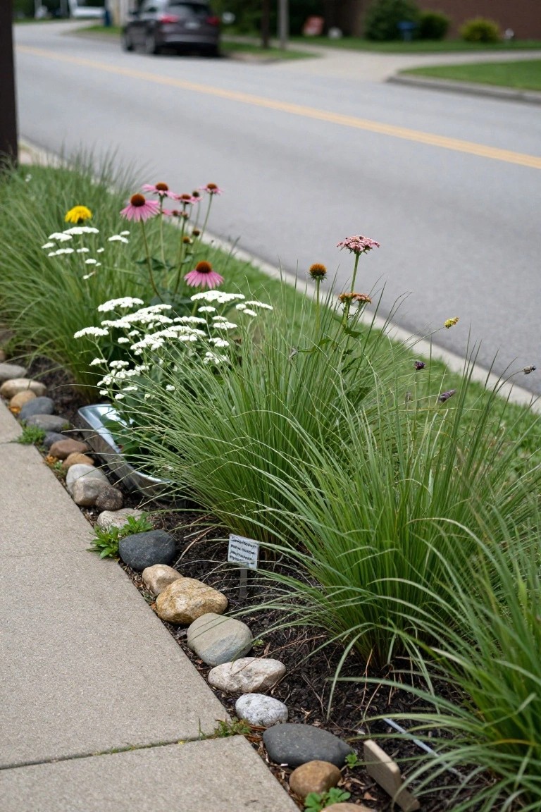 Street-side garden bed along a concrete sidewalk, edged with various rounded river rocks, filled with ornamental grasses, pink and purple coneflowers, white yarrow clusters, and other perennials.