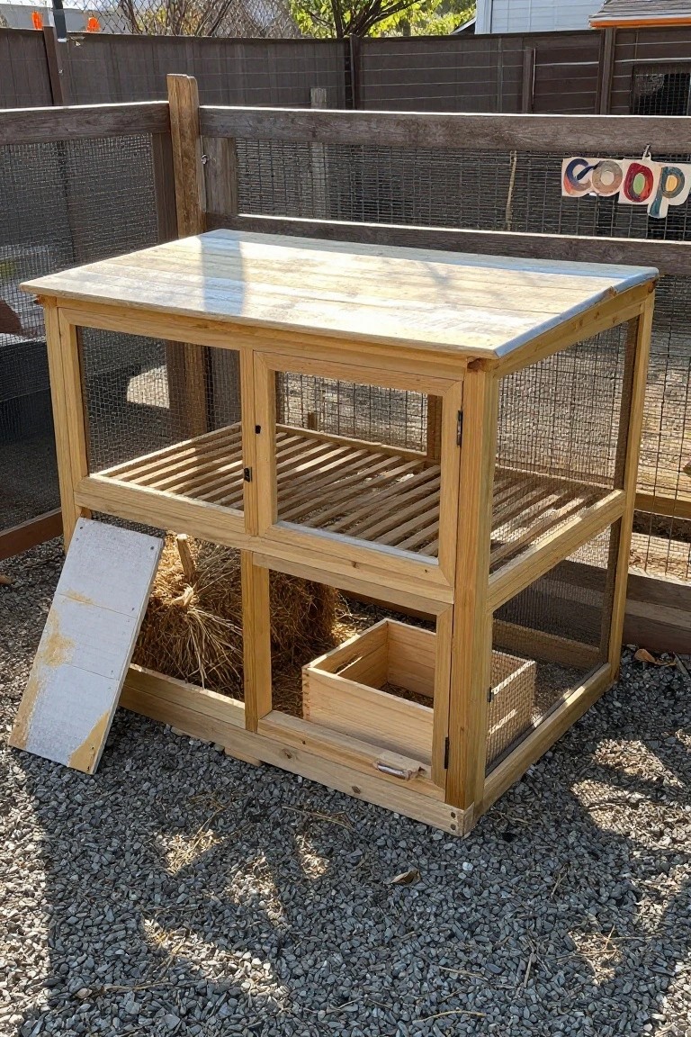 Wooden elevated chicken coop with wire mesh sides, slatted shelves, nesting boxes, ramp, and hay bales inside, placed on gravel near a fenced yard with a coop sign.