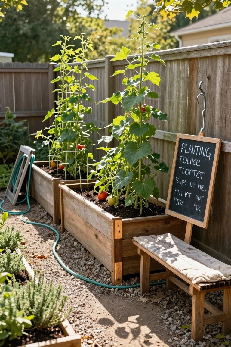 Wooden raised garden beds with tomato plants supported by stakes, a chalkboard sign with planting notes, a hose and ladder nearby, wooden bench on gravel path, backyard fence, and herb planters.