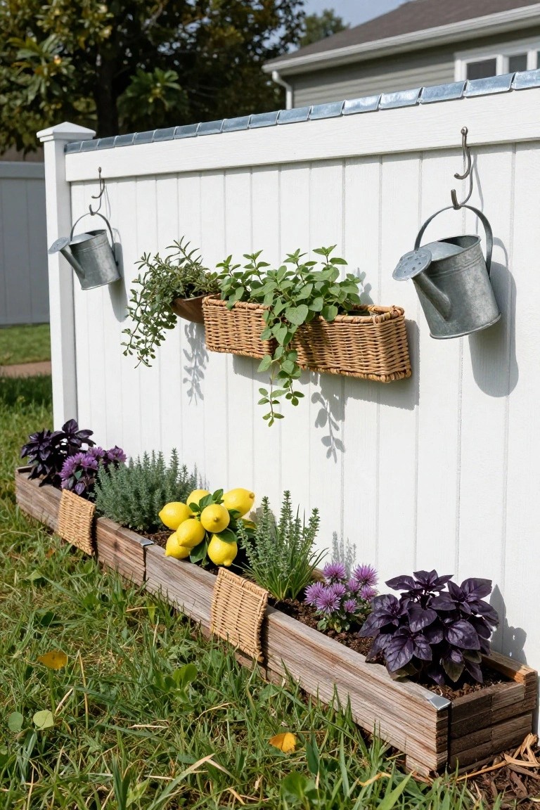 White picket-style vinyl fence with two hanging galvanized watering cans and a wicker basket planter containing herbs, plus a long wooden raised planter box at the base holding purple basils, thyme, lemons, and purple flowers, in a grassy backyard.