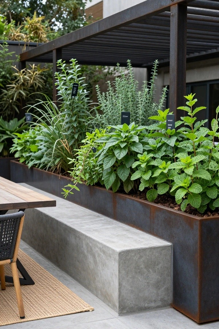Long rectangular corten steel planters filled with various herbs including mint and basil line a concrete bench next to a wooden dining table and chairs under a metal pergola in a backyard patio.