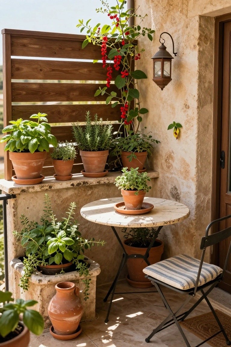 Sunny balcony corner with wooden slatted privacy screen holding terracotta pots of herbs including basil and rosemary on shelves, small round stone table with potted plant and saucer, two metal folding chairs with striped cushions, and additional potted plants in stone and terracotta containers.