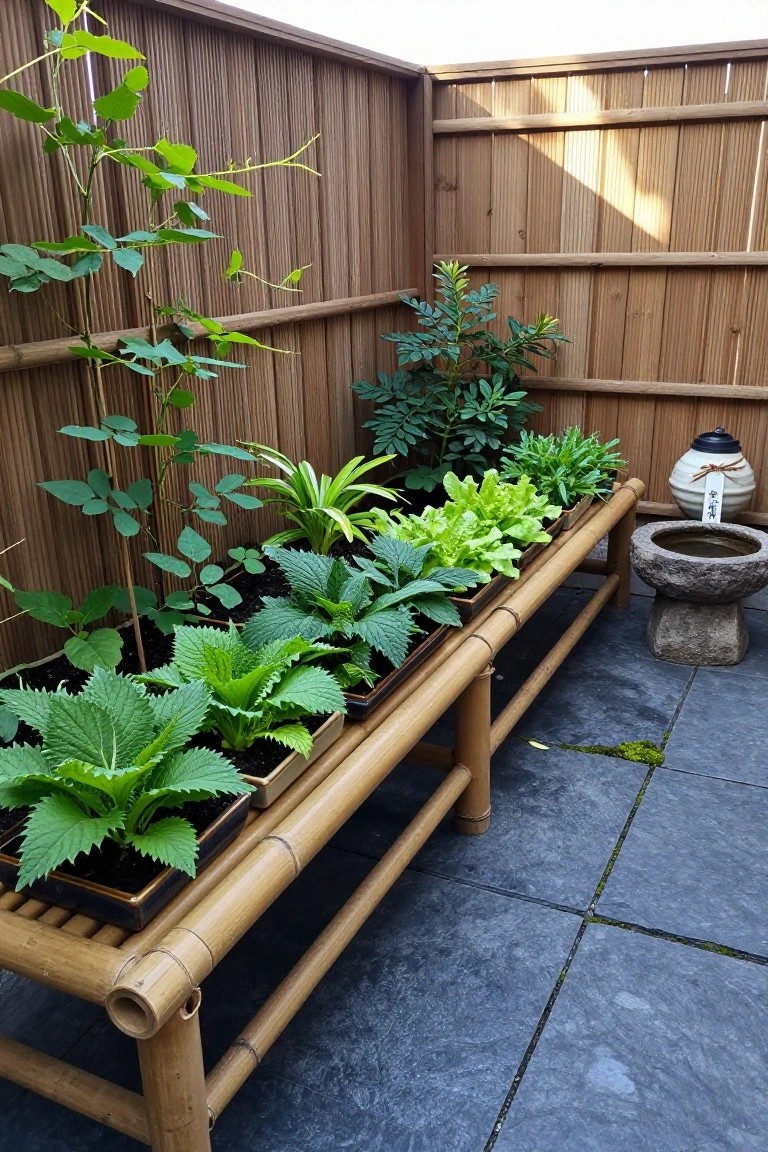 A long bamboo bench with multiple black planters containing various green leafy vegetables and herbs, positioned on a dark tiled balcony floor against wooden privacy fences, next to a stone water basin.