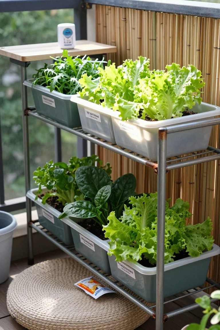 Metal shelving rack on a balcony with blue plastic planters filled with leafy greens including lettuce and spinach, bamboo privacy fencing, a small wooden shelf, and a woven round stool below.