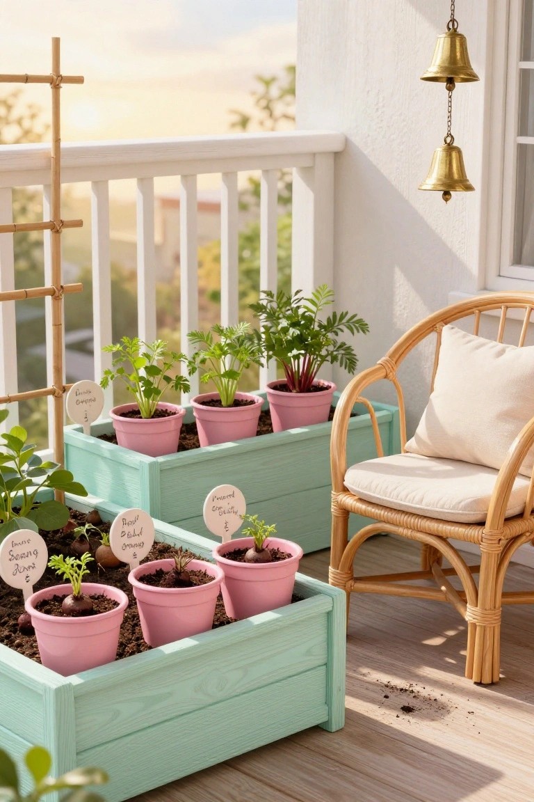 Balcony with teal raised wooden planter boxes filled with pink pots of young vegetable plants including beets, carrots, and herbs, a rattan armchair with cushion, bamboo trellis, and hanging brass bells against white railings.