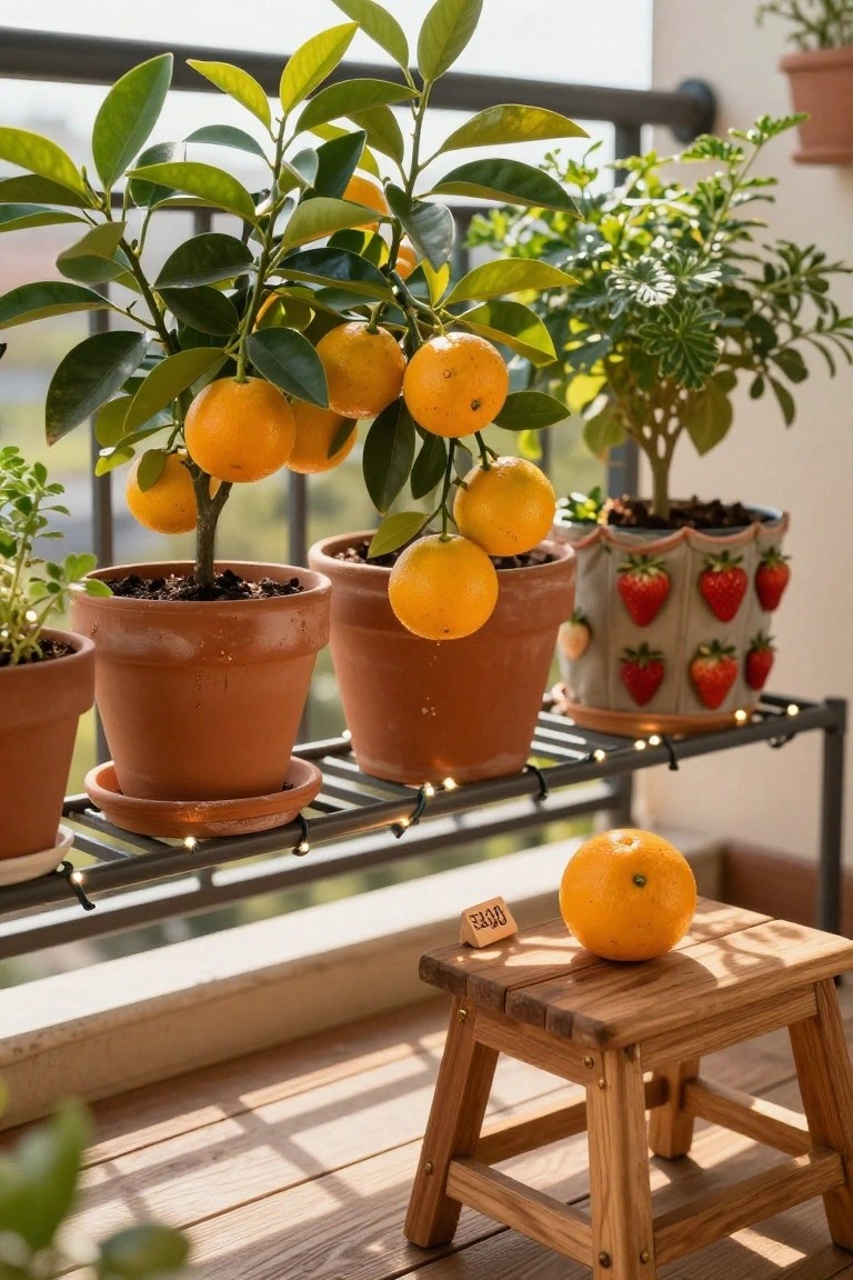 Black metal tiered shelf on a balcony railing holding terracotta pots with small orange trees, a strawberry-patterned fabric pot, herb pots, and other plants, with string lights along the shelf and a wooden stool with an orange nearby.