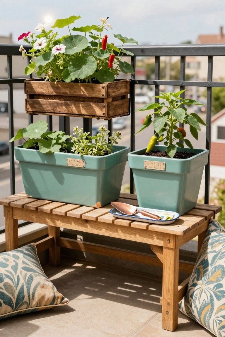 Balcony railing with a wooden crate planter holding nasturtium and pepper plants, two teal pots labeled Bibb Lettuce and Bell Pepper on a wooden bench with gardening tools and cushions nearby.