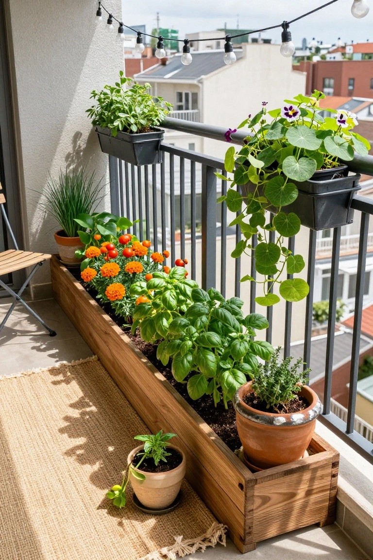 Balcony railing with long wooden raised planter box containing basil, marigolds, tomatoes, and other plants, plus potted herbs, a folding chair, woven rug, and string lights overhead.