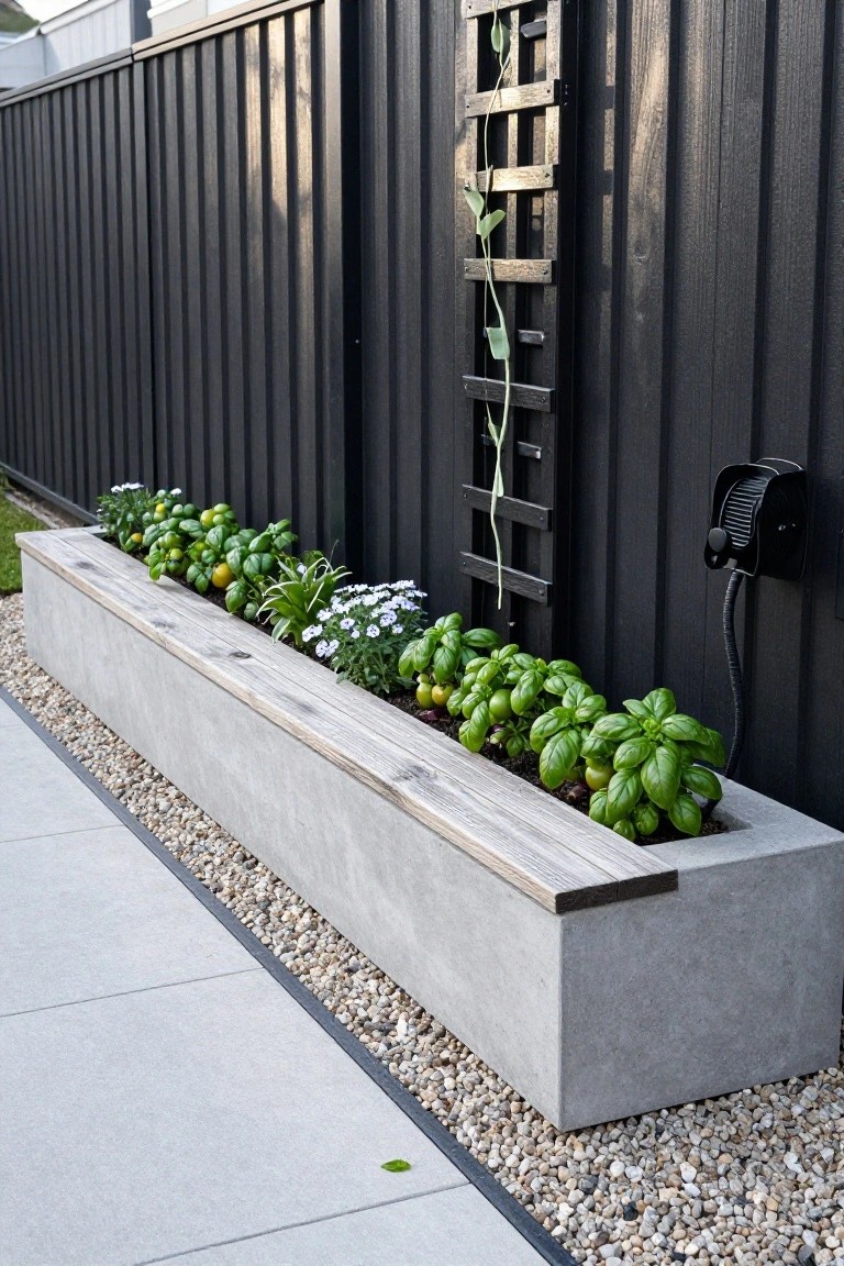 Long gray concrete raised planter box with wooden edge along a black slatted fence, containing basil plants, small green fruits, white daisies, and other greenery, with a wooden trellis and vine nearby, pebble mulch, and concrete paver path.