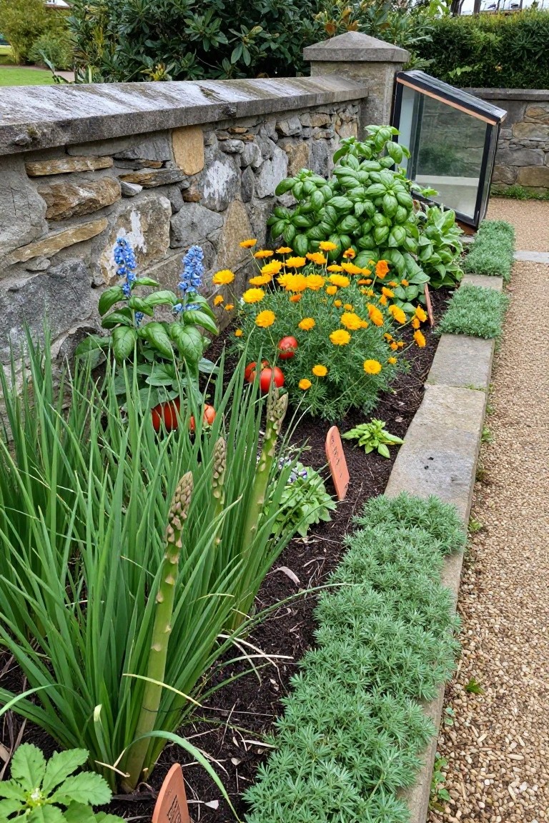 Raised garden bed along a weathered stone wall with basil, tomatoes, marigolds, asparagus, chives, and other plants, edged in stone with gravel path and plant labels.