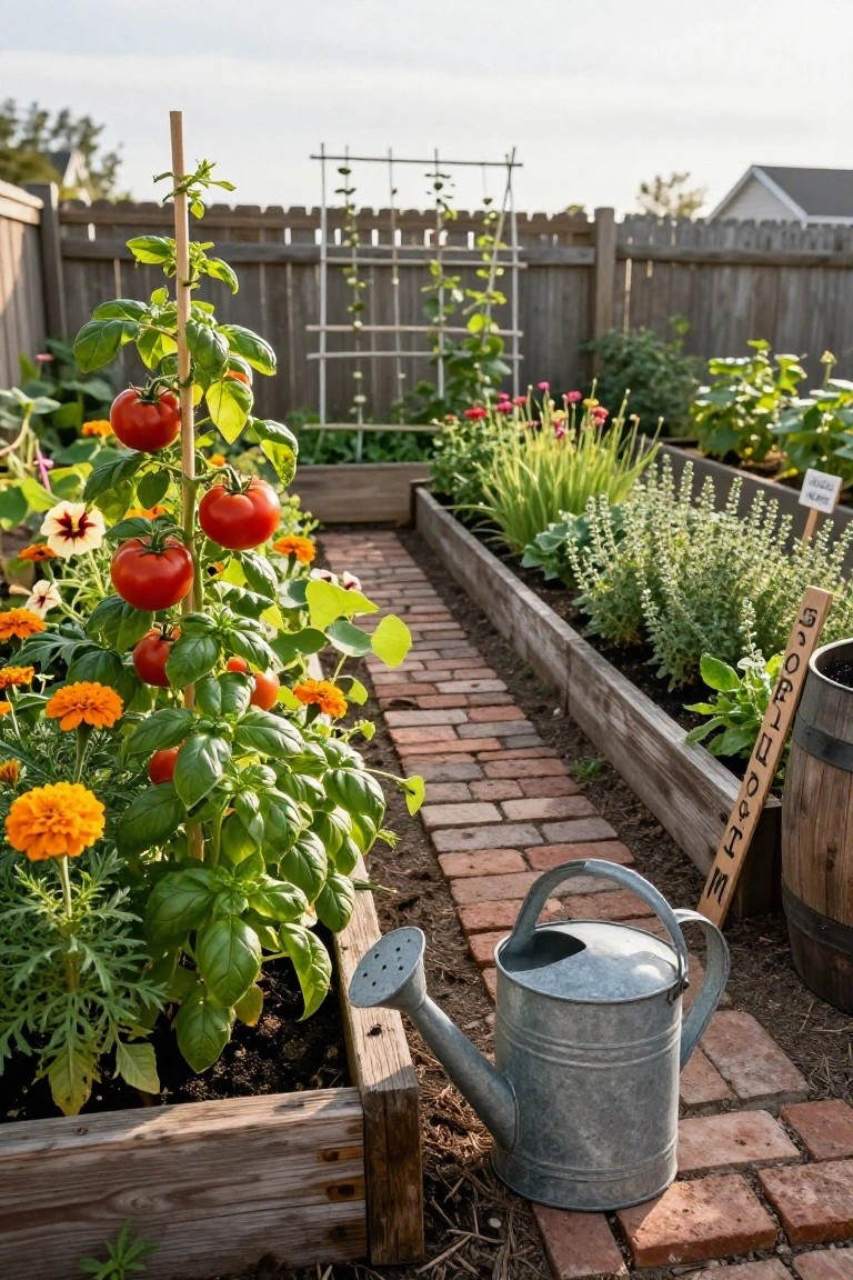 Raised wooden garden beds with staked tomato plants growing alongside basil and orange marigold flowers, next to a brick pathway and metal watering can in a backyard setting.