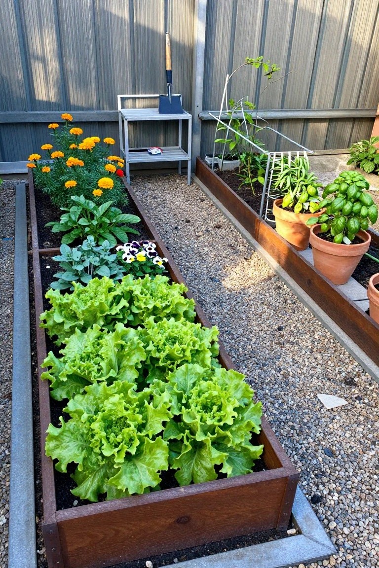 Wooden raised garden beds filled with lettuce, marigolds, pansies, and herbs along a gravel path next to a metal fence, with potted basil plants and a small table nearby.