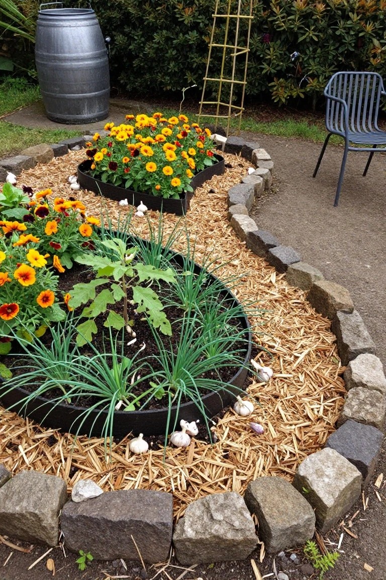 Garden beds shaped in curving S-forms with dark borders and stone edging, planted with orange marigolds, green onions, garlic bulbs, and vegetable seedlings, surrounded by woodchip mulch paths, a metal barrel, trellis, and blue chair nearby.