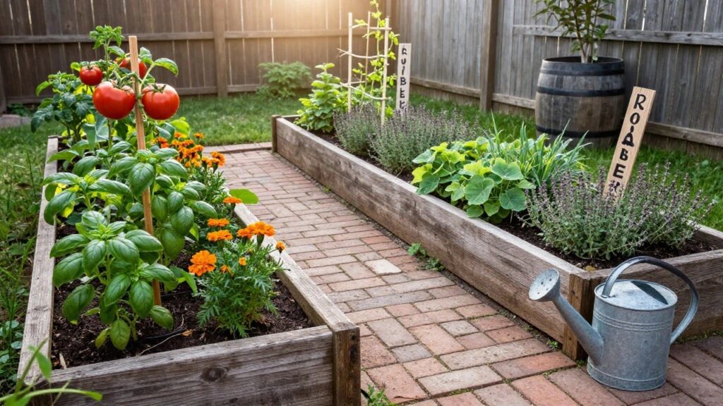 Raised wooden garden beds with staked tomato plants growing alongside basil and orange marigold flowers, next to a brick pathway and metal watering can in a backyard setting.