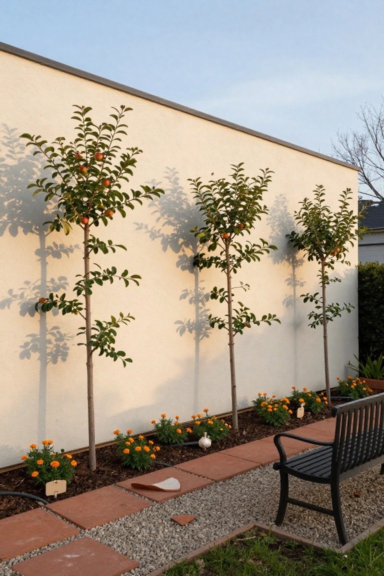 Three slender young trees bearing small orange fruits grow in a row against a beige stucco wall, with clusters of orange marigold flowers at their bases in mulched beds, a gravel and tile path, black bench, and irrigation hoses nearby.