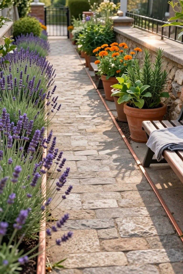 Stone pathway edged with rows of purple lavender plants on one side and terracotta pots containing orange marigolds, rosemary, and other greenery on the other side against a stone wall, with a wooden bench at the end.