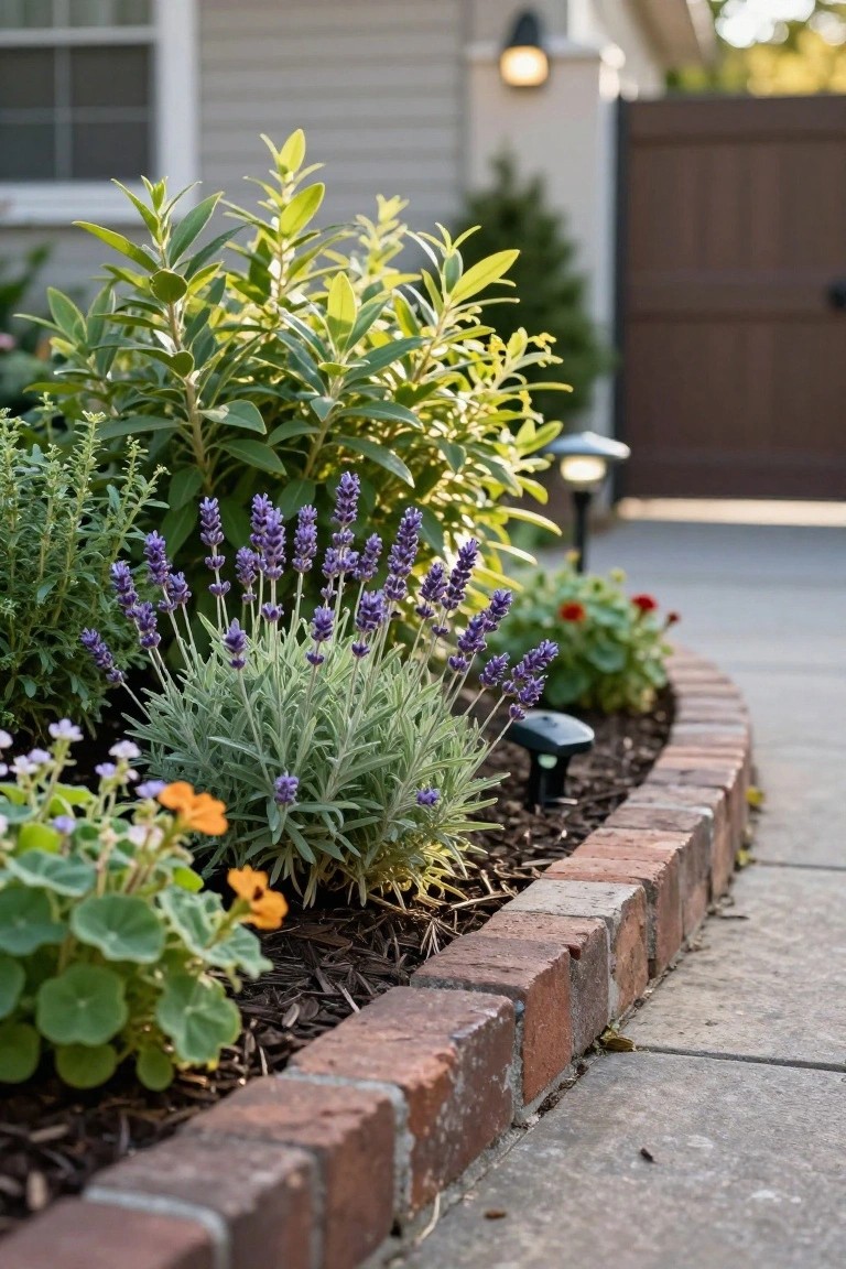 Curved garden bed edged with red brick mulch and plants including purple lavender spikes green rosemary shrubs and orange nasturtium flowers along a concrete path with house gate and landscape lights in the background