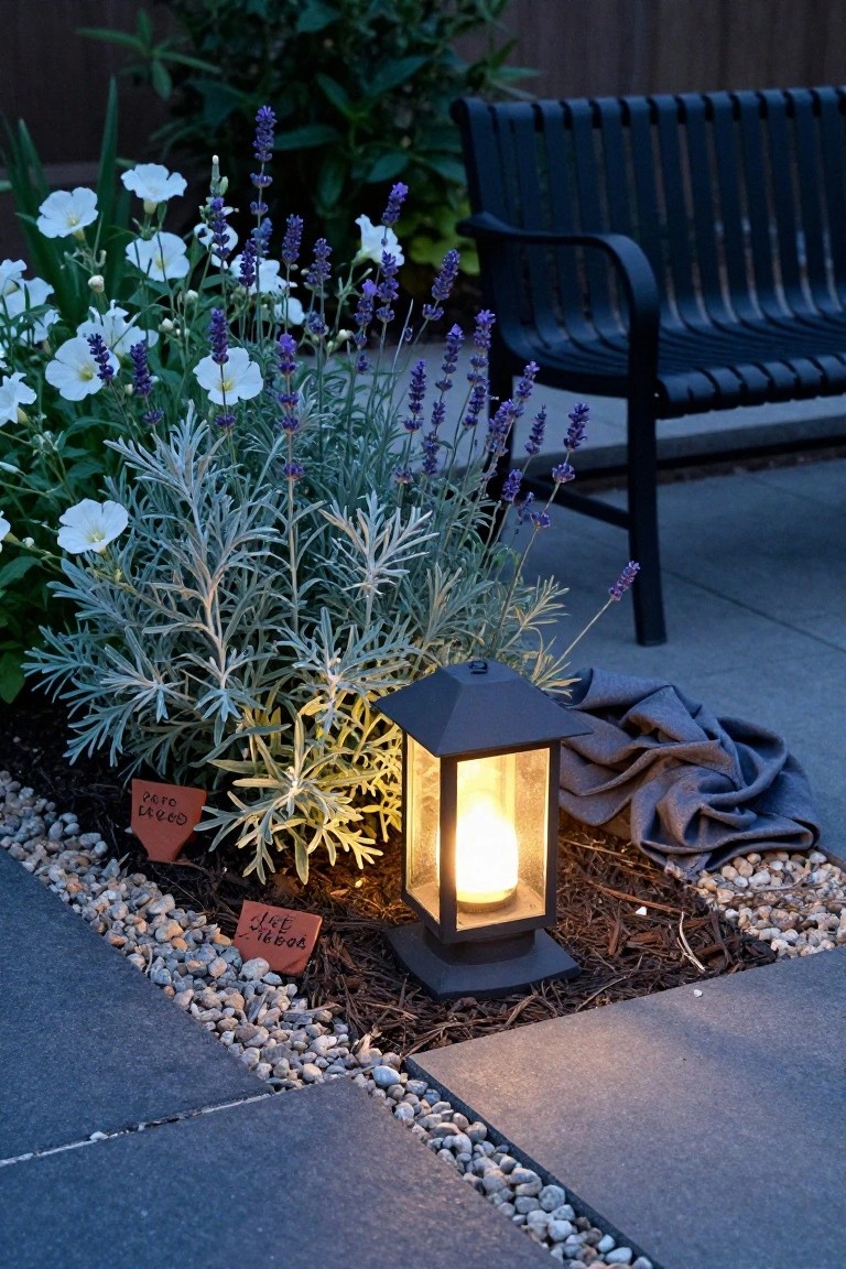 Close-up of a landscaped garden bed featuring purple lavender stems, white flowers, silver-gray artemisia foliage, plant labels on red tags, a lit black metal lantern, gravel mulch, and stone pavers with a black bench nearby.