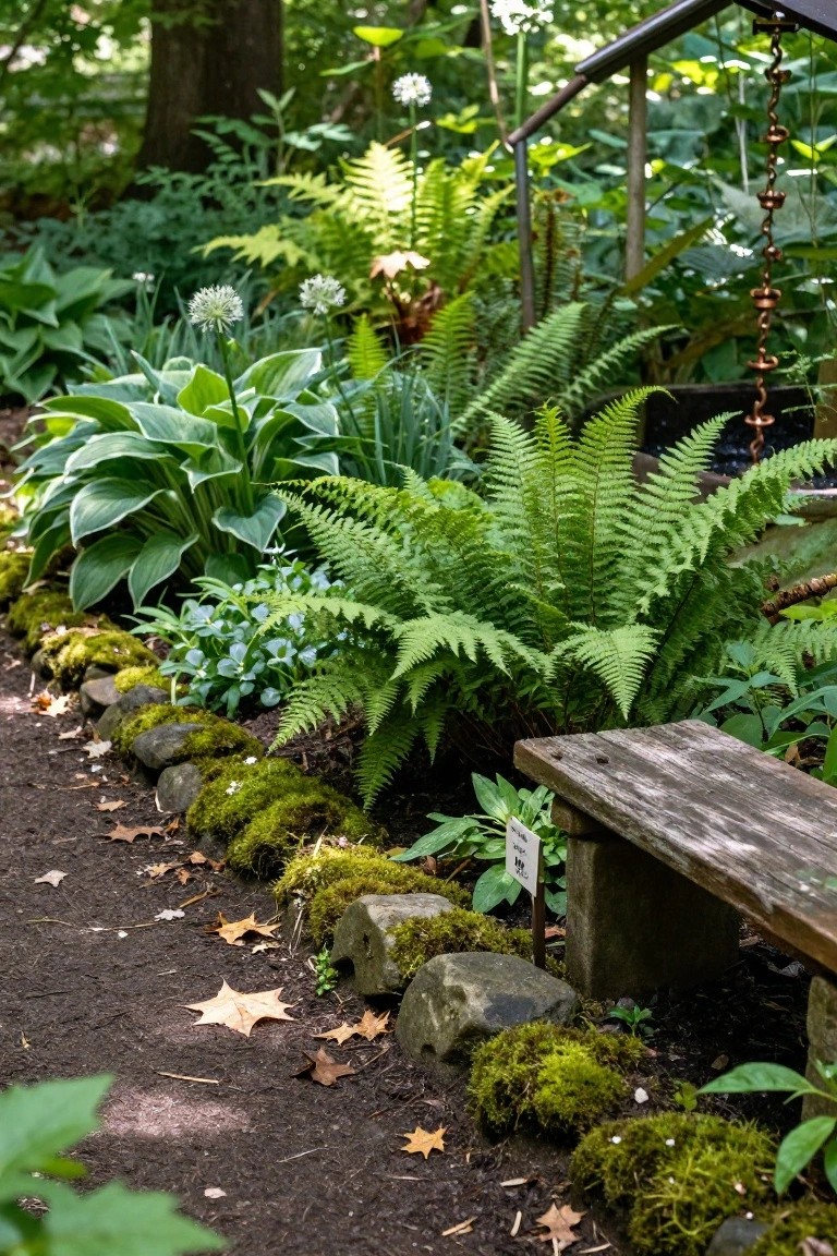 Garden path edged with moss-covered rocks and planted with ferns, hostas, alliums, and other greenery, with a wooden bench positioned at the end.