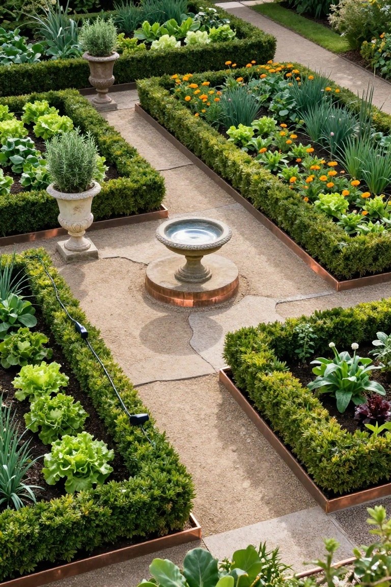 Aerial view of a formal parterre garden featuring geometric raised beds with vegetables, herbs, and marigolds, bordered by boxwood hedges and copper edging, with stone paths and a central fountain.