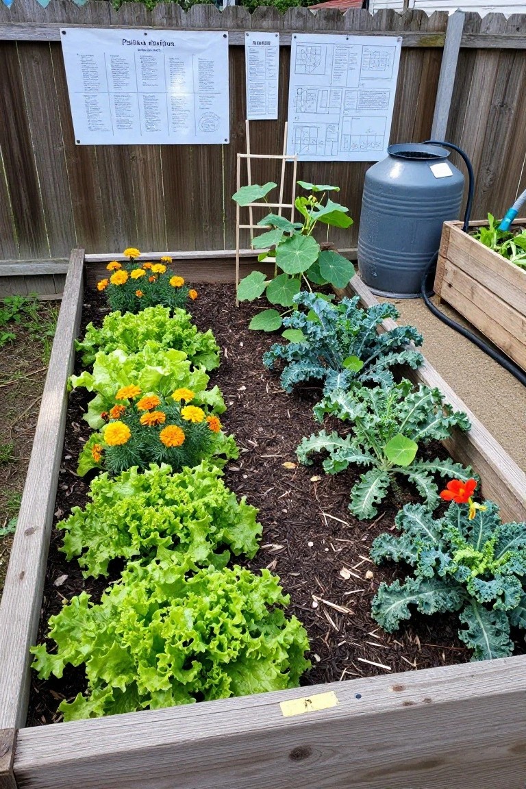 Wooden raised garden bed planted with rows of green lettuce, curly kale, orange marigolds, squash vines on a trellis, and red nasturtium flowers, next to a gray water barrel and planting charts on a wooden fence.