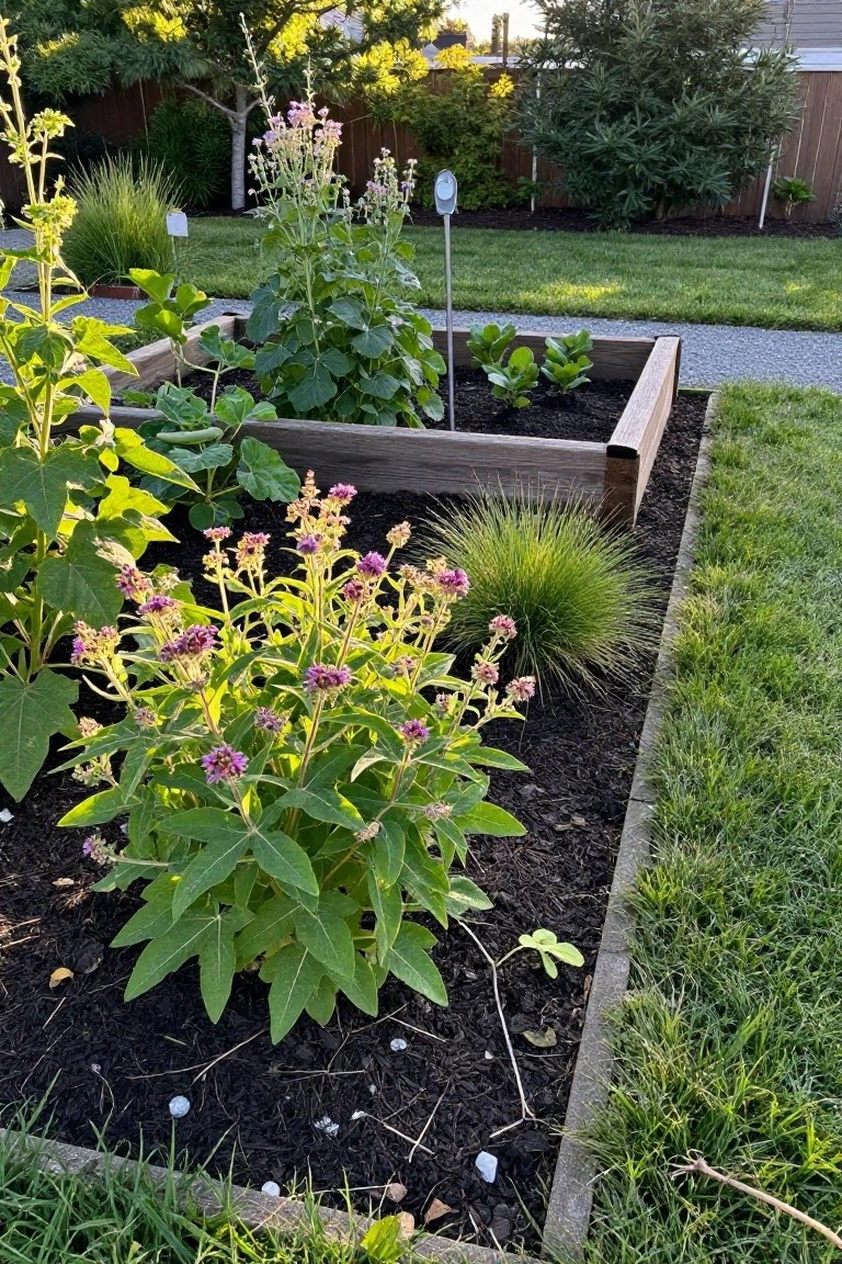 Raised wooden garden beds containing tall okra plants, purple-flowering herbs, vining beans, young seedlings, ornamental grasses, and dark mulch, edged by lawn, gravel path, and fence.