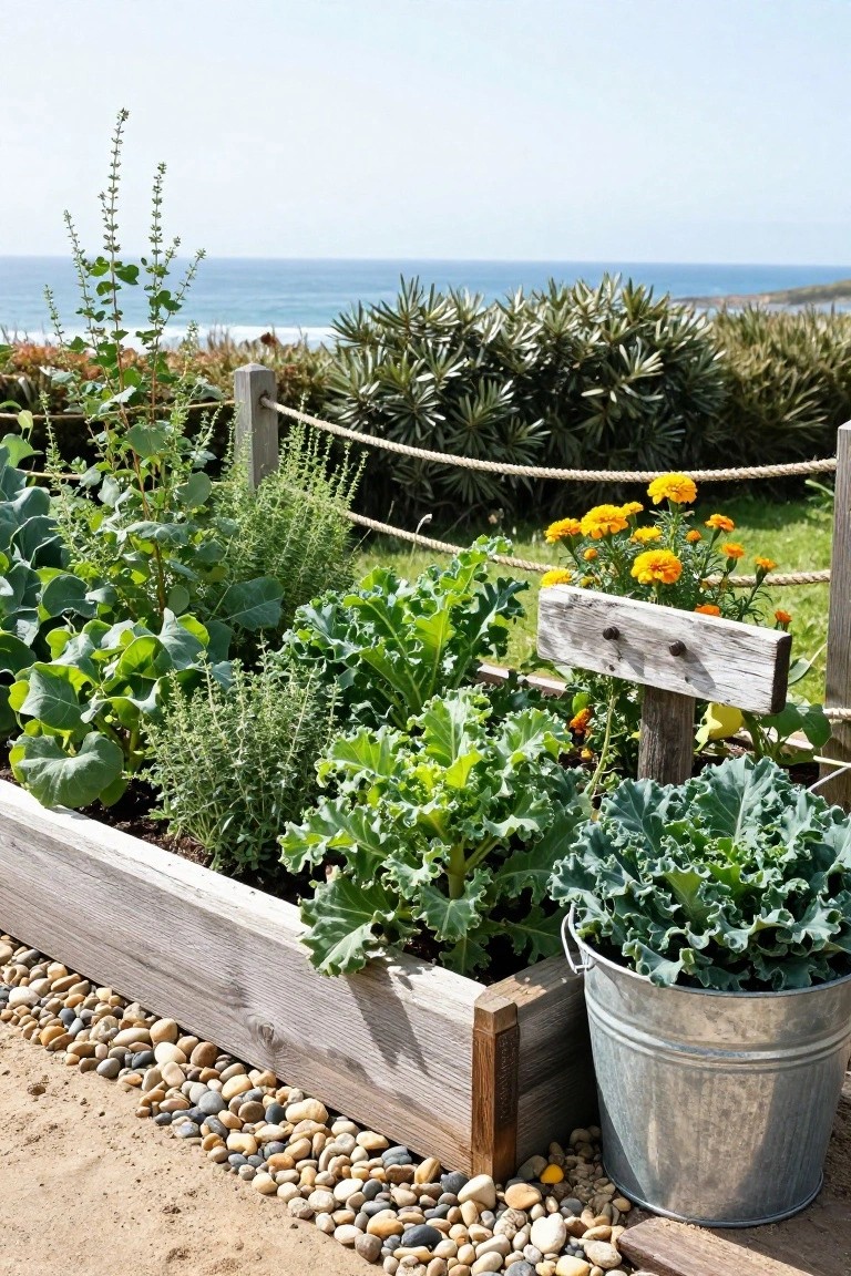 Wooden raised garden bed containing kale plants, herbs, and orange marigolds, positioned near a rope fence with ocean view, galvanized bucket beside it, and gravel edging on sandy ground.